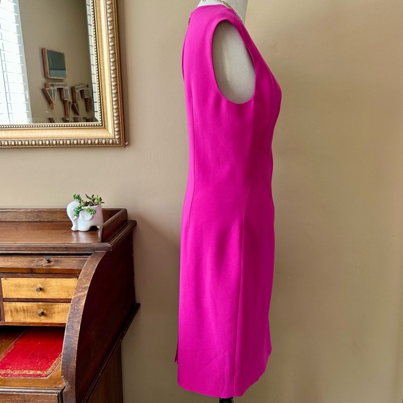 Elie Tahari Fuchsia Pink Crepe V-Neck Sheath Dress Cap Sleeve Size 14 - Picture 9 of 13